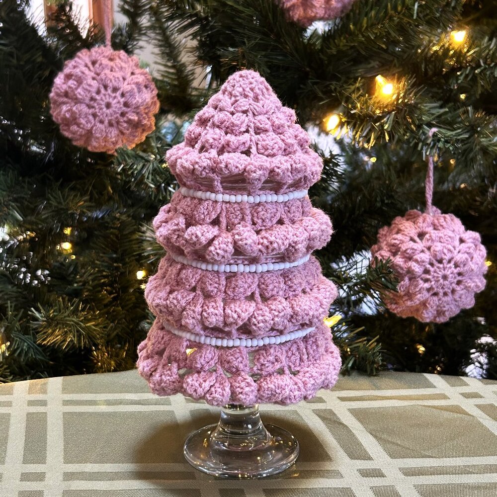 Pink Crochet Christmas Tree, Hand Made Crochet & Beads over Vintage Glass Tree
